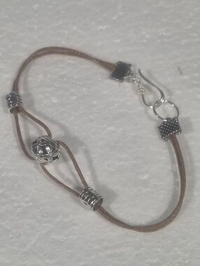 Brown Leather Cord Bracelet with Silver Beads